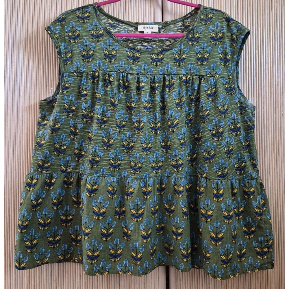Style & Co Women's Top Size 2X Green Floral Boho Sleeveless Cotton Swing Peplum